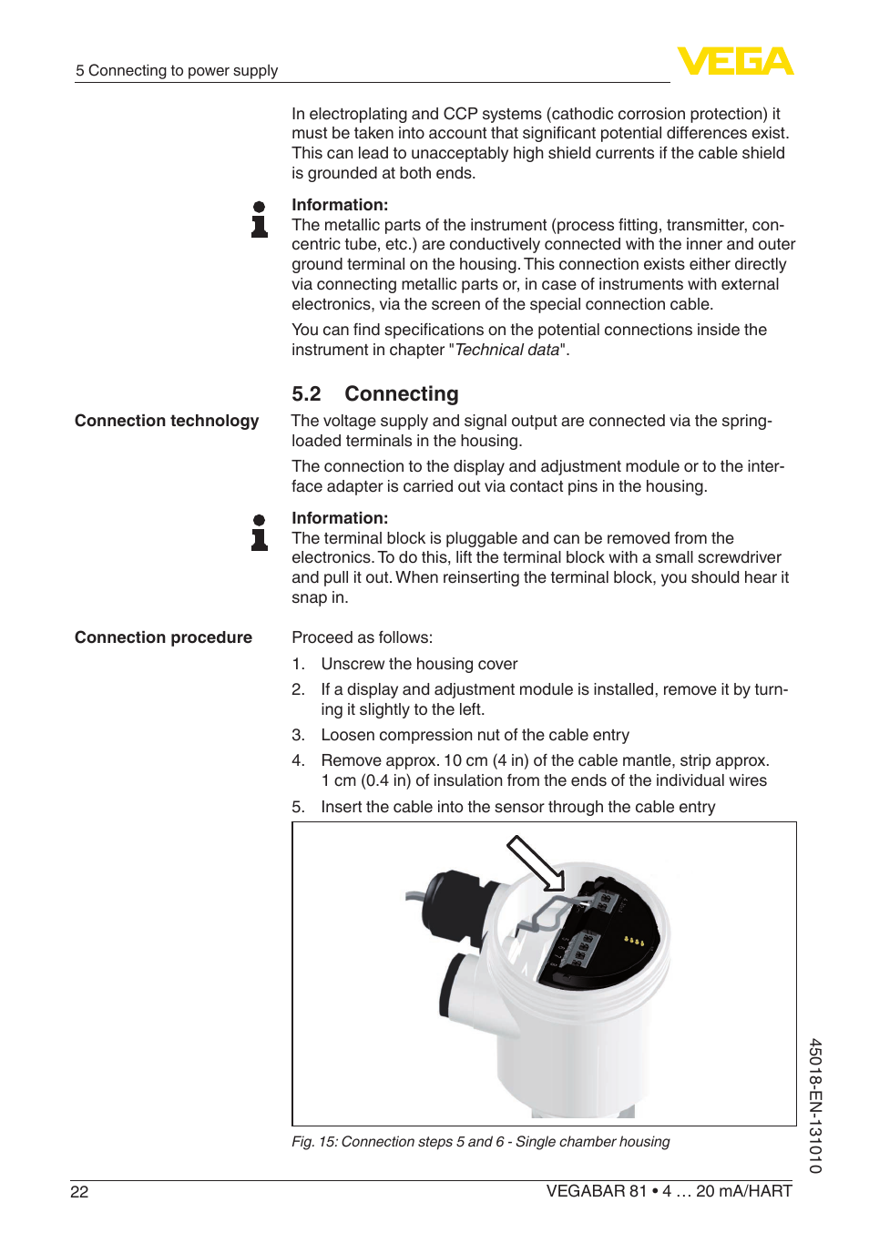 2 connecting | VEGA VEGABAR 81 4 … 20 mA_HART - Operating Instructions User Manual | Page 22 / 84