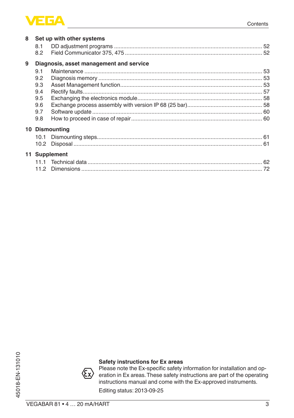 VEGA VEGABAR 81 4 … 20 mA_HART - Operating Instructions User Manual | Page 3 / 84