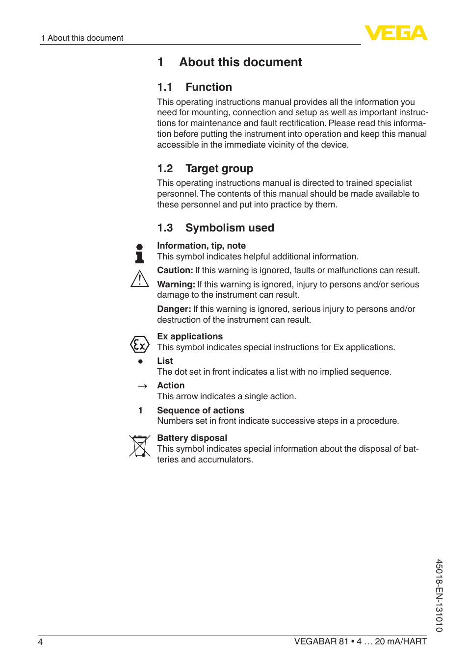 1 about this document, 1 function, 2 target group | 3 symbolism used | VEGA VEGABAR 81 4 … 20 mA_HART - Operating Instructions User Manual | Page 4 / 84