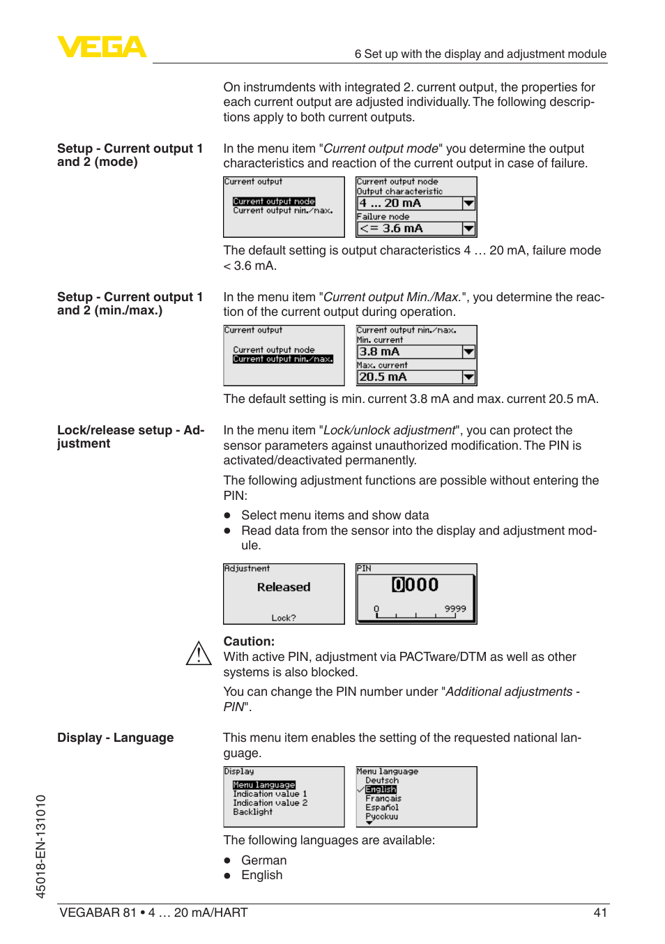 VEGA VEGABAR 81 4 … 20 mA_HART - Operating Instructions User Manual | Page 41 / 84