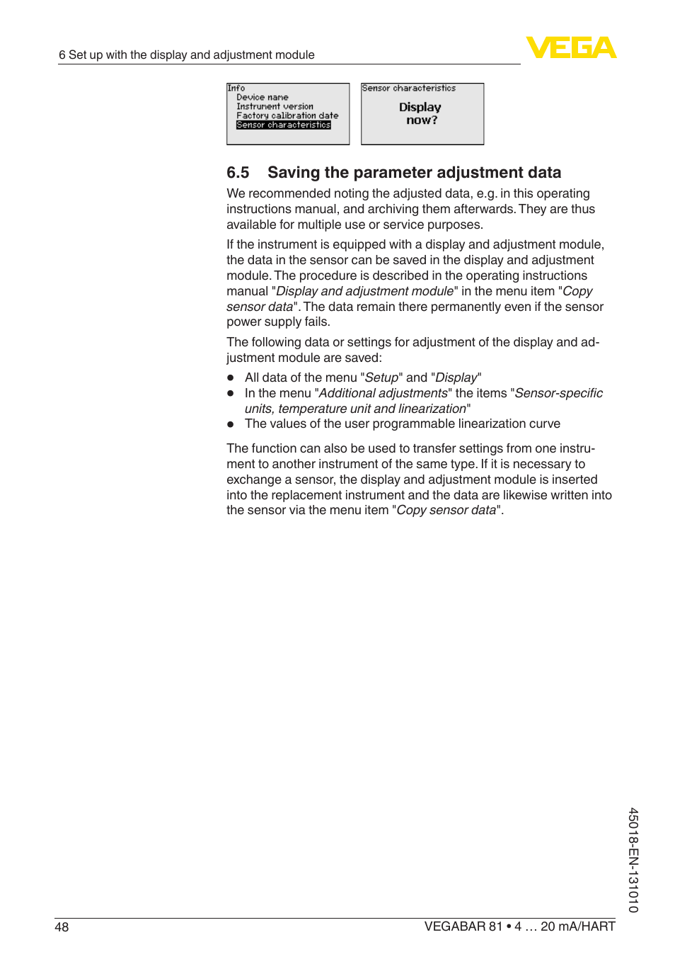 5 saving the parameter adjustment data | VEGA VEGABAR 81 4 … 20 mA_HART - Operating Instructions User Manual | Page 48 / 84