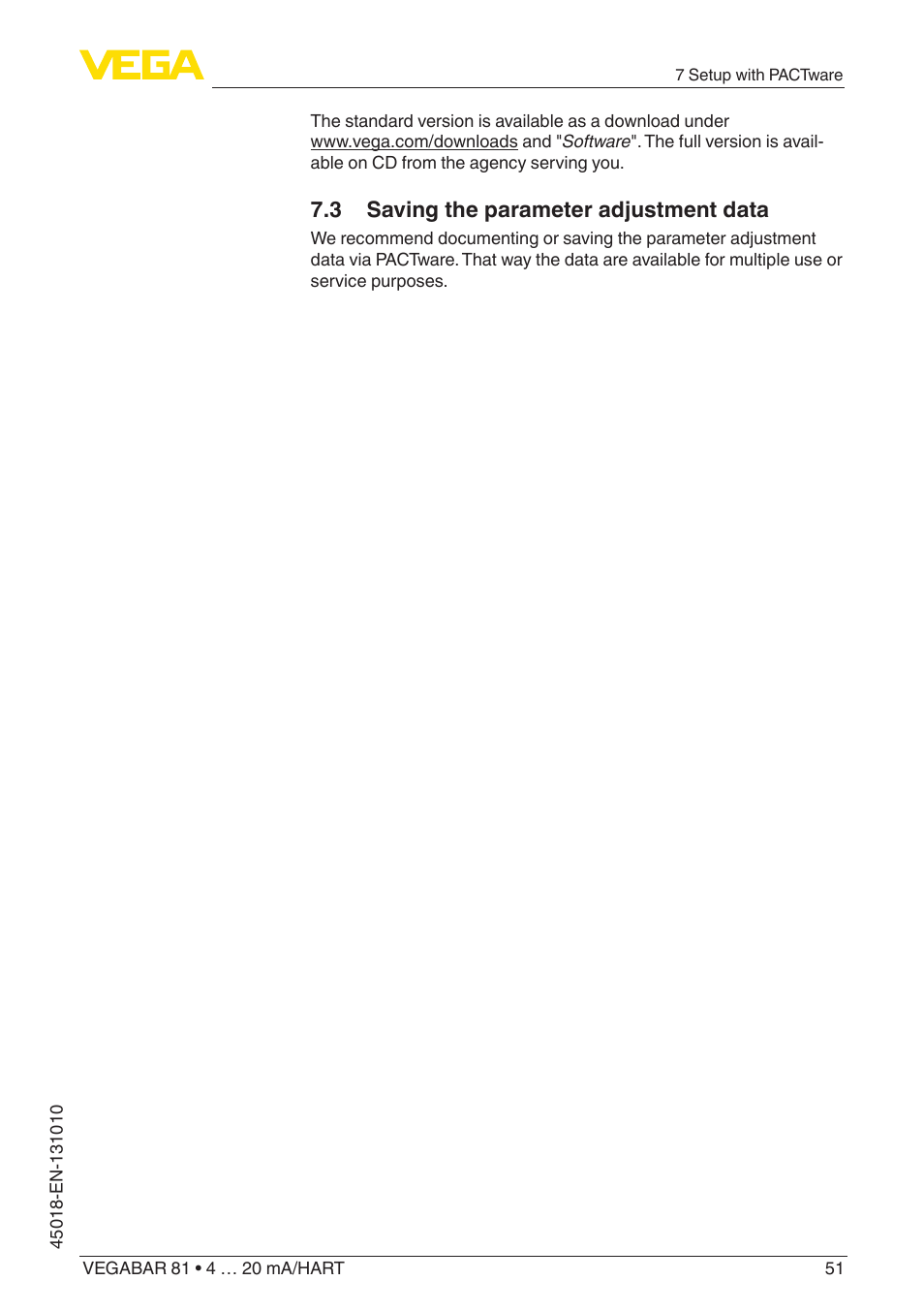 3 saving the parameter adjustment data | VEGA VEGABAR 81 4 … 20 mA_HART - Operating Instructions User Manual | Page 51 / 84