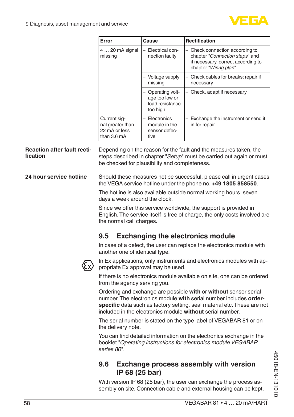 5 exchanging the electronics module | VEGA VEGABAR 81 4 … 20 mA_HART - Operating Instructions User Manual | Page 58 / 84