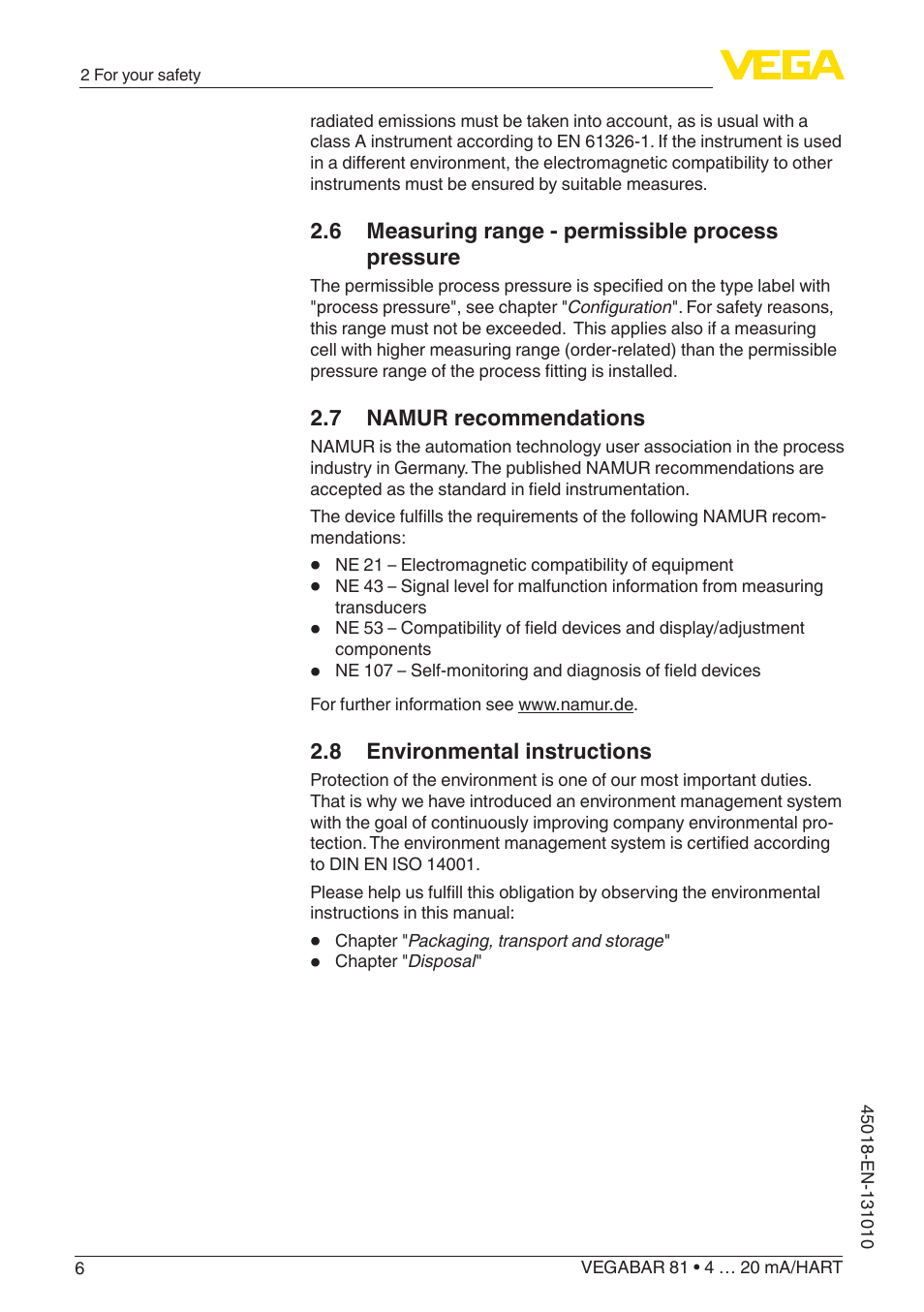 6 measuring range - permissible process pressure, 7 namur recommendations, 8 environmental instructions | VEGA VEGABAR 81 4 … 20 mA_HART - Operating Instructions User Manual | Page 6 / 84