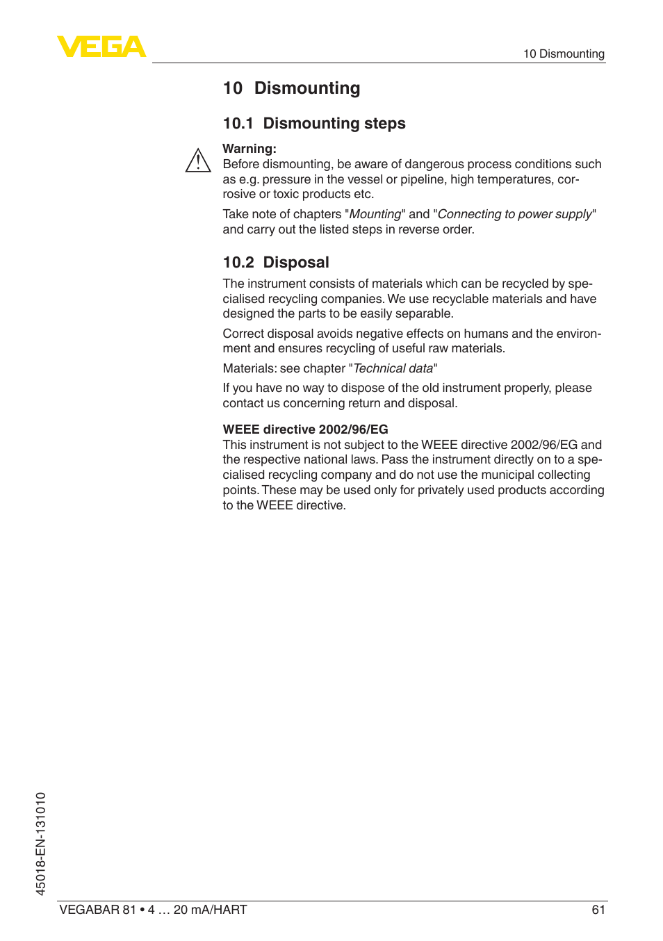 10 dismounting, 1 dismounting steps, 2 disposal | VEGA VEGABAR 81 4 … 20 mA_HART - Operating Instructions User Manual | Page 61 / 84