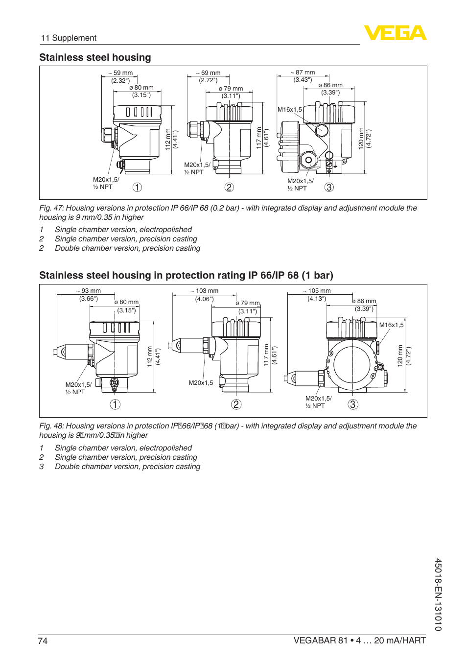 Stainless steel housing | VEGA VEGABAR 81 4 … 20 mA_HART - Operating Instructions User Manual | Page 74 / 84