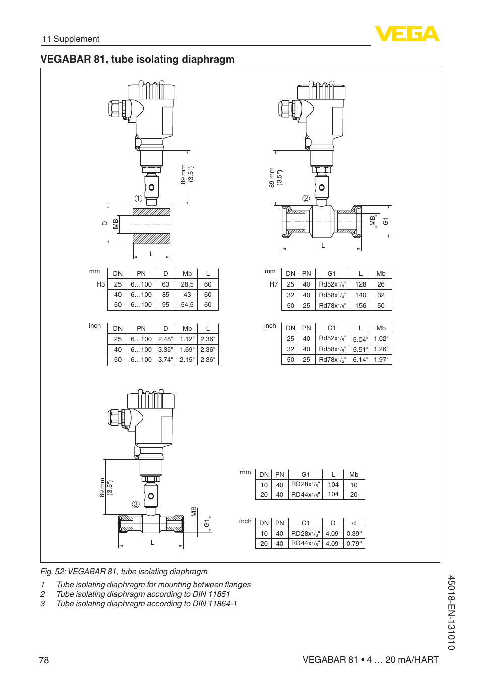 Vegabar 81, tube isolating diaphragm, 11 supplement | VEGA VEGABAR 81 4 … 20 mA_HART - Operating Instructions User Manual | Page 78 / 84