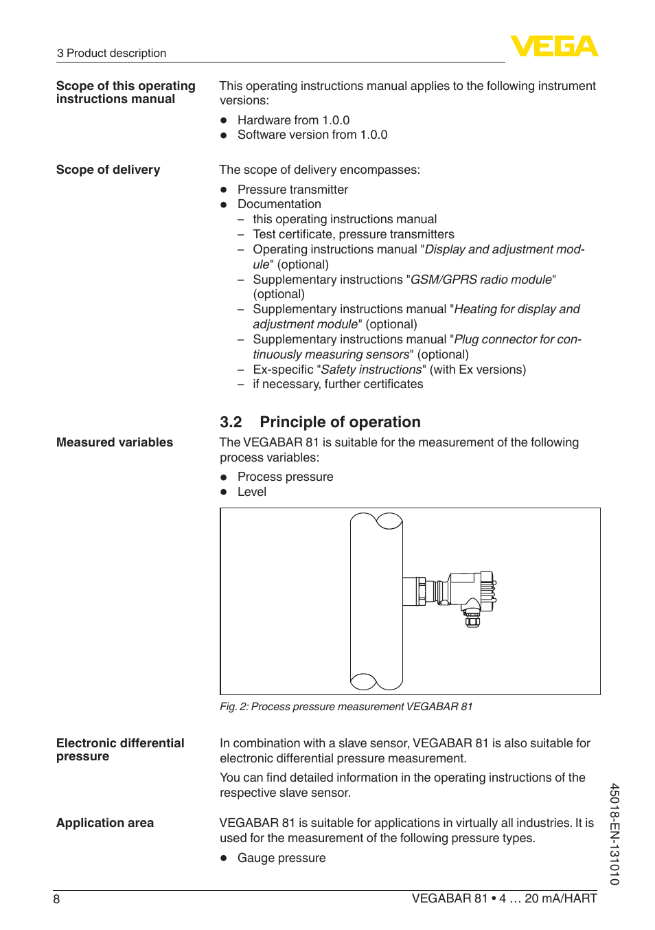 2 principle of operation | VEGA VEGABAR 81 4 … 20 mA_HART - Operating Instructions User Manual | Page 8 / 84