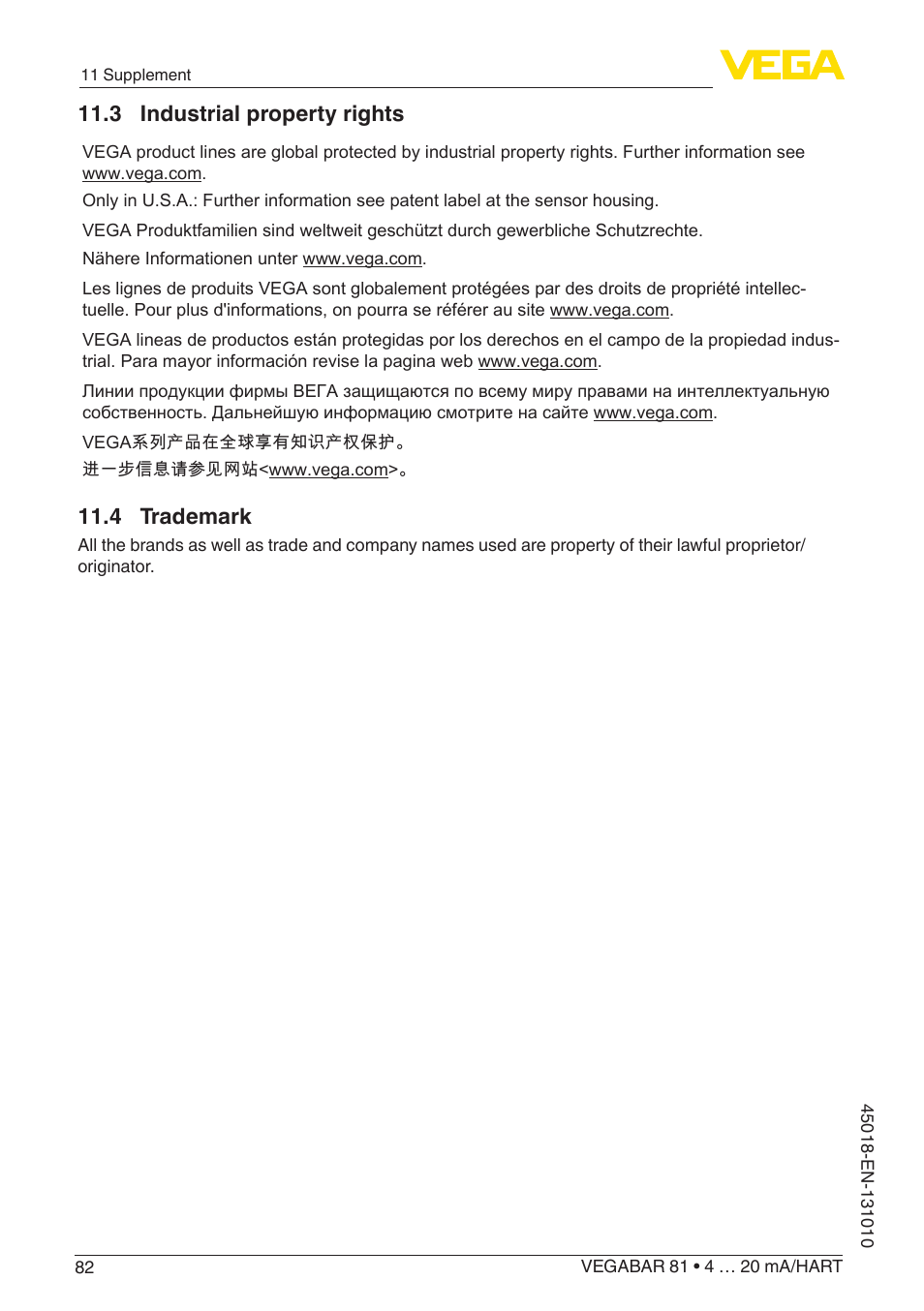 3 industrial property rights, 4 trademark | VEGA VEGABAR 81 4 … 20 mA_HART - Operating Instructions User Manual | Page 82 / 84