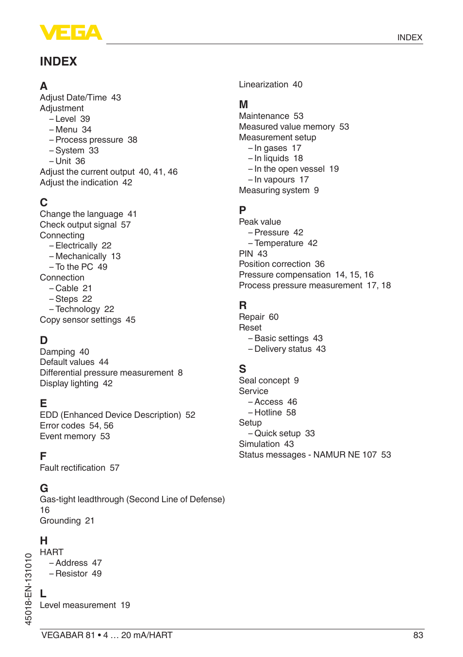 Index | VEGA VEGABAR 81 4 … 20 mA_HART - Operating Instructions User Manual | Page 83 / 84