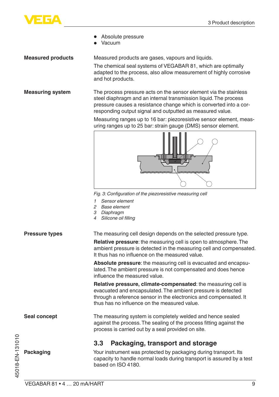 3 packaging, transport and storage | VEGA VEGABAR 81 4 … 20 mA_HART - Operating Instructions User Manual | Page 9 / 84