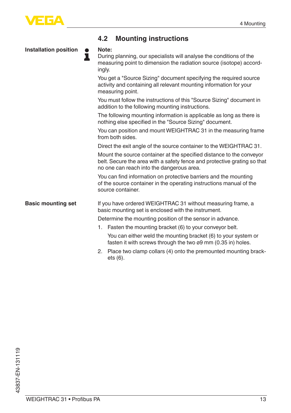 2 mounting instructions | VEGA WEIGHTRAC 31 Profibus PA User Manual | Page 13 / 84