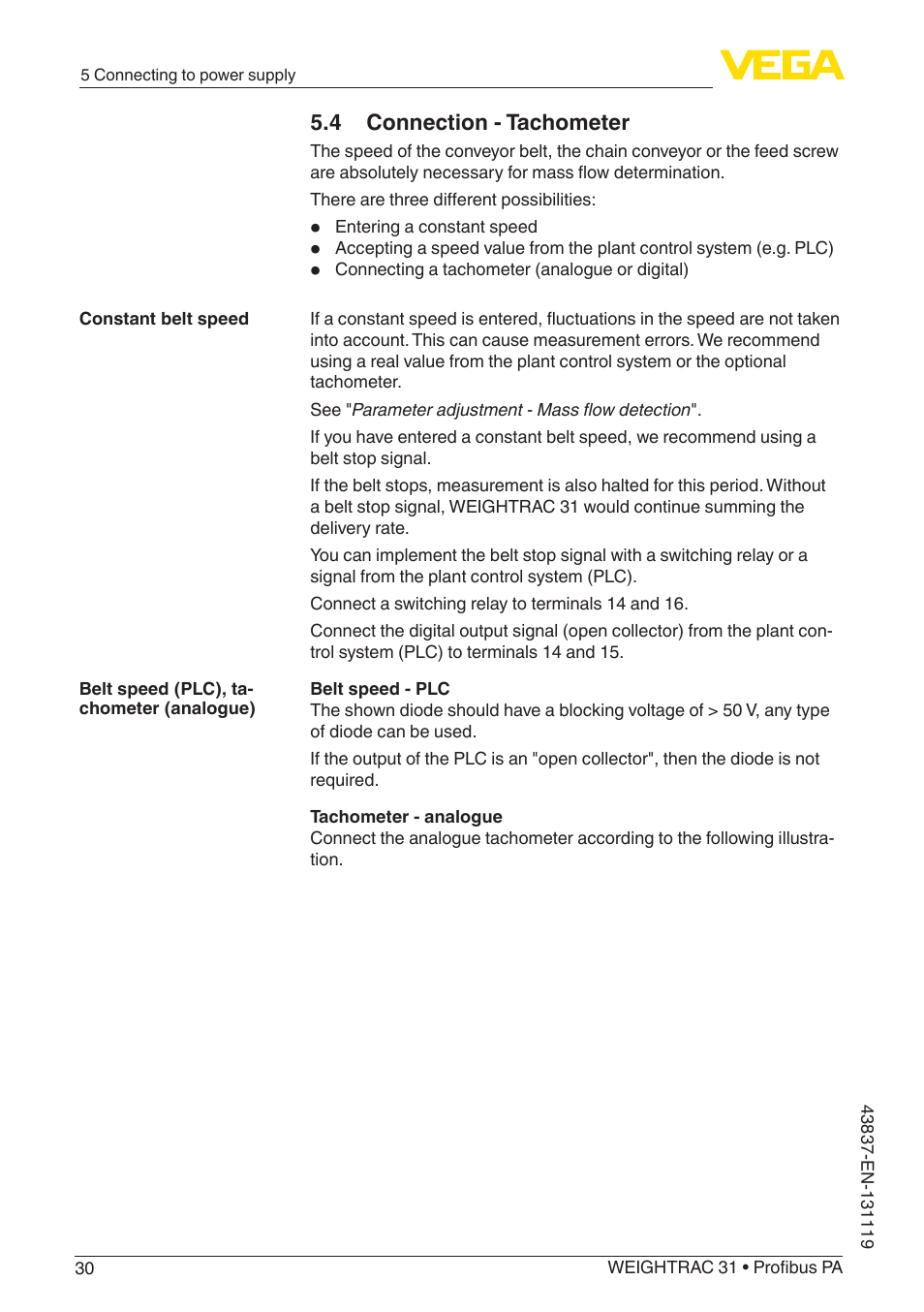 4 connection - tachometer | VEGA WEIGHTRAC 31 Profibus PA User Manual | Page 30 / 84