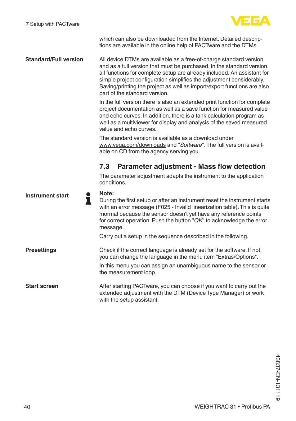 3 parameter adjustment - mass flow detection | VEGA WEIGHTRAC 31 Profibus PA User Manual | Page 40 / 84