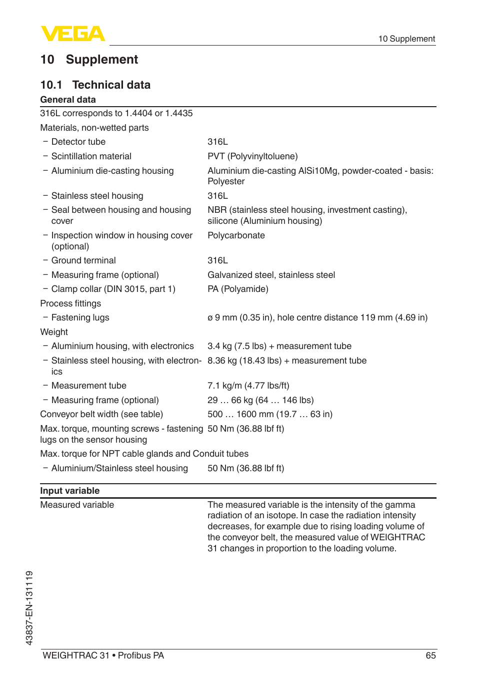 10 supplement, 1 technical data | VEGA WEIGHTRAC 31 Profibus PA User Manual | Page 65 / 84