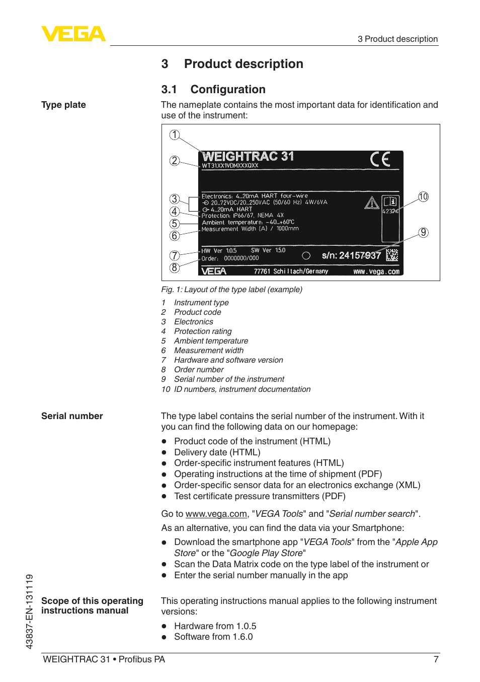 3 product description, 1 configuration | VEGA WEIGHTRAC 31 Profibus PA User Manual | Page 7 / 84