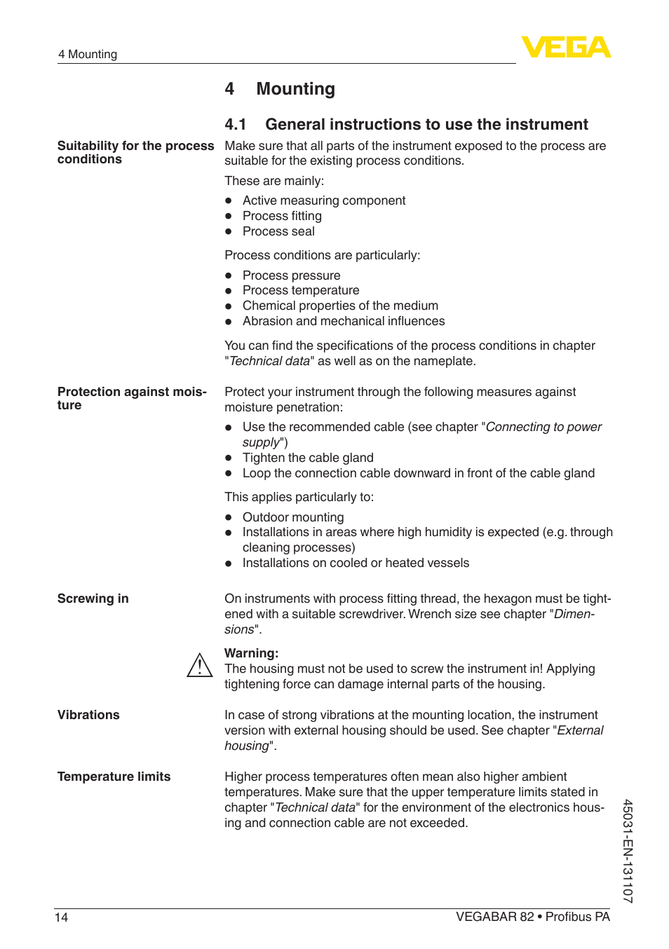 4 mounting, 1 general instructions to use the instrument | VEGA VEGABAR 82 Profibus PA - Operating Instructions User Manual | Page 14 / 88