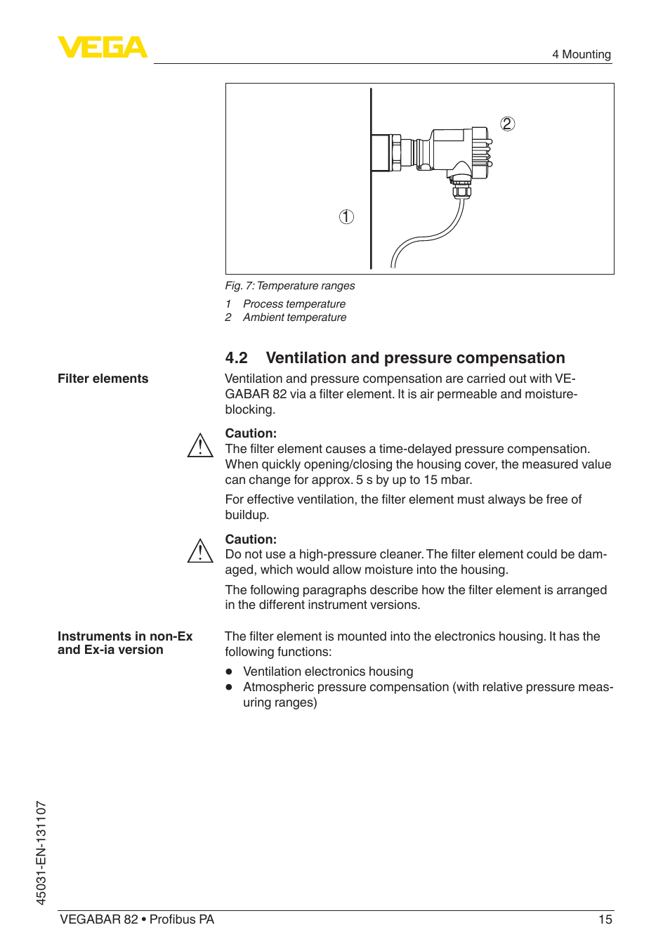 2 ventilation and pressure compensation | VEGA VEGABAR 82 Profibus PA - Operating Instructions User Manual | Page 15 / 88