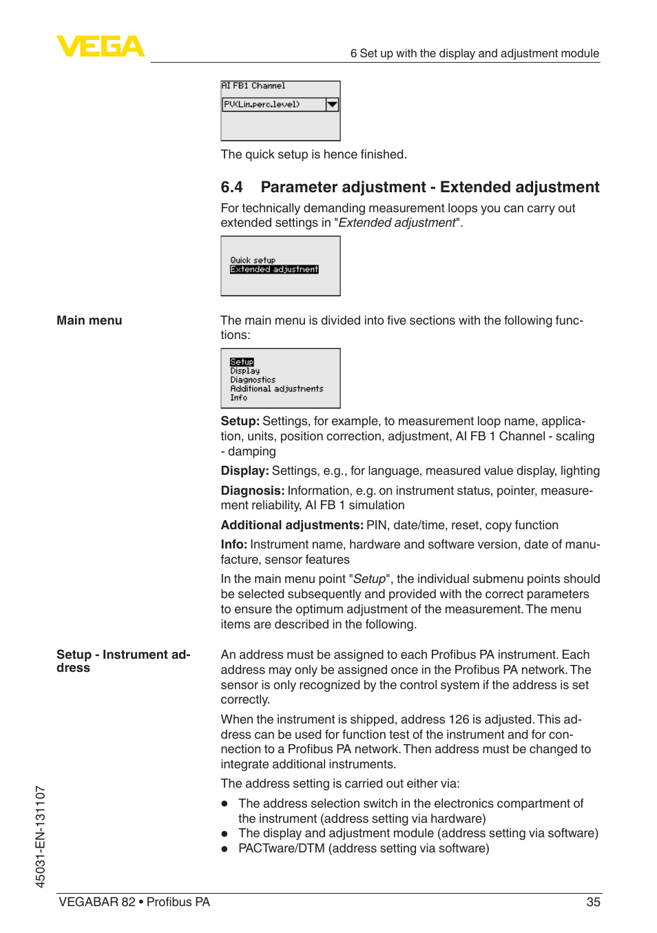 4 parameter adjustment - extended adjustment | VEGA VEGABAR 82 Profibus PA - Operating Instructions User Manual | Page 35 / 88