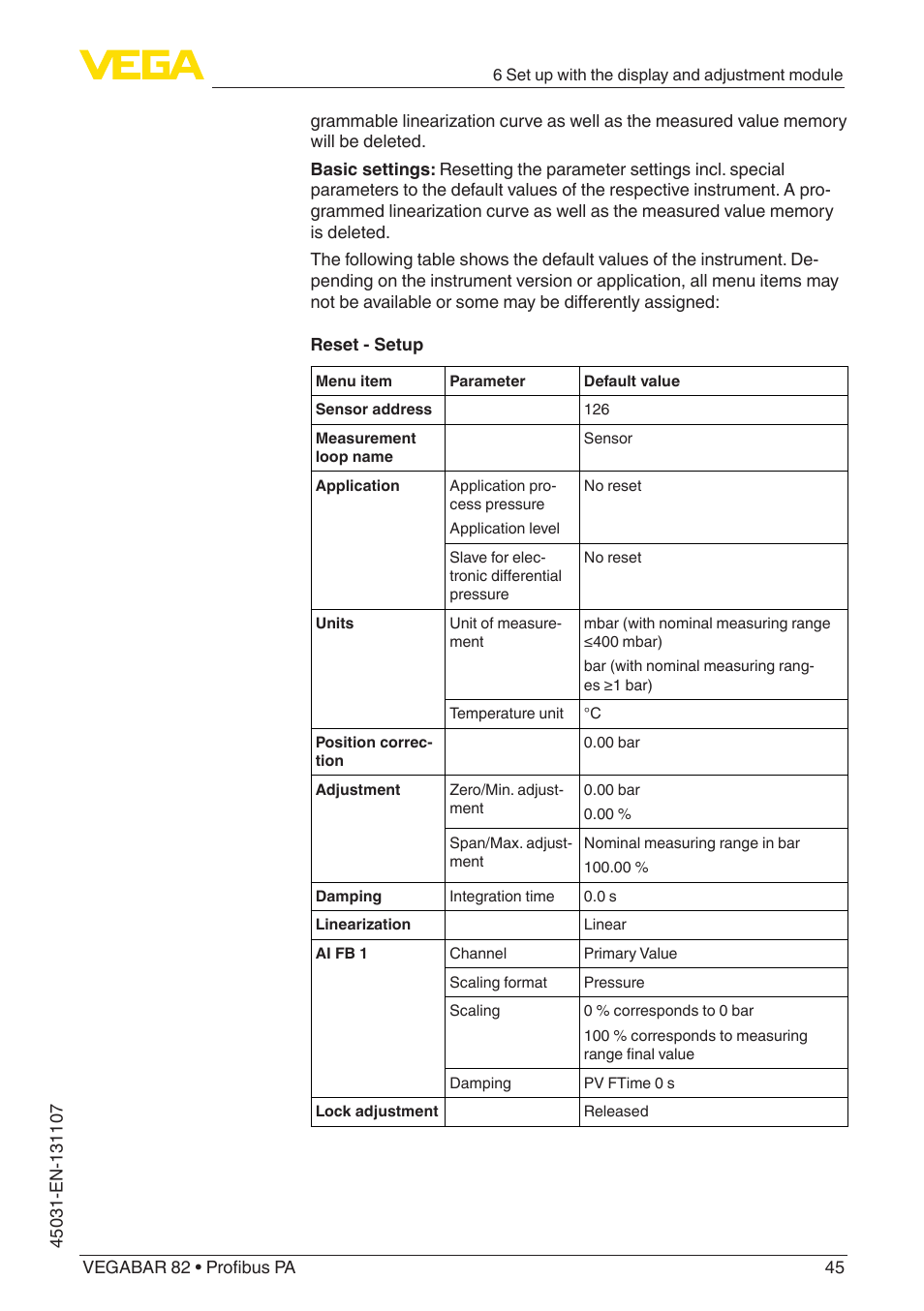 VEGA VEGABAR 82 Profibus PA - Operating Instructions User Manual | Page 45 / 88