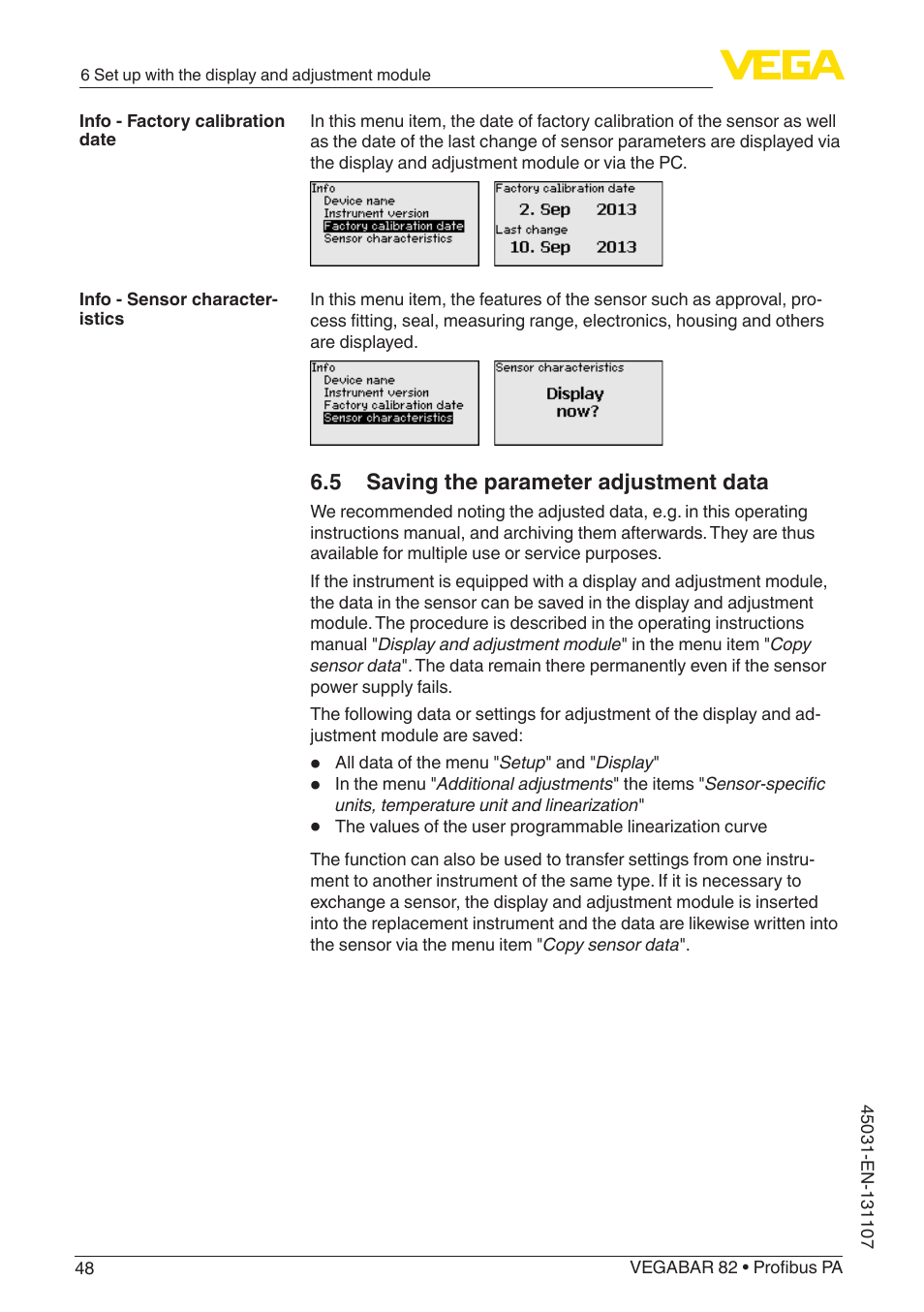 5 saving the parameter adjustment data | VEGA VEGABAR 82 Profibus PA - Operating Instructions User Manual | Page 48 / 88