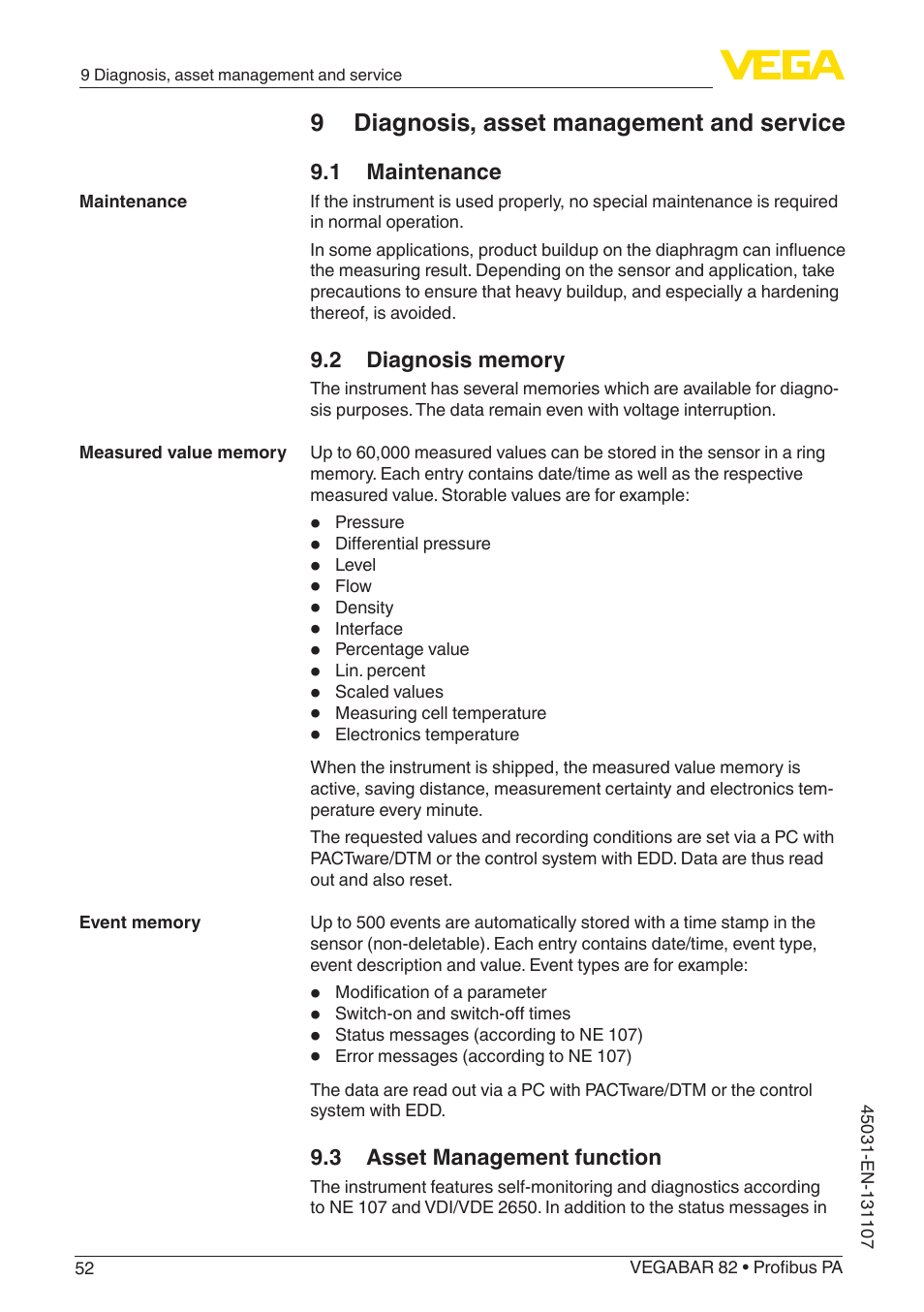 9 diagnosis, asset management and service, 1 maintenance, 2 diagnosis memory | 3 asset management function | VEGA VEGABAR 82 Profibus PA - Operating Instructions User Manual | Page 52 / 88