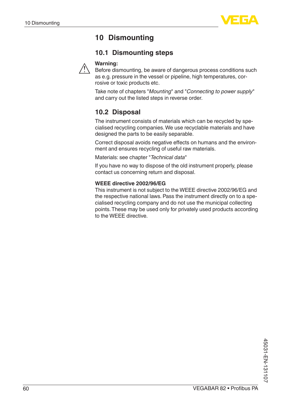 10 dismounting, 1 dismounting steps, 2 disposal | VEGA VEGABAR 82 Profibus PA - Operating Instructions User Manual | Page 60 / 88