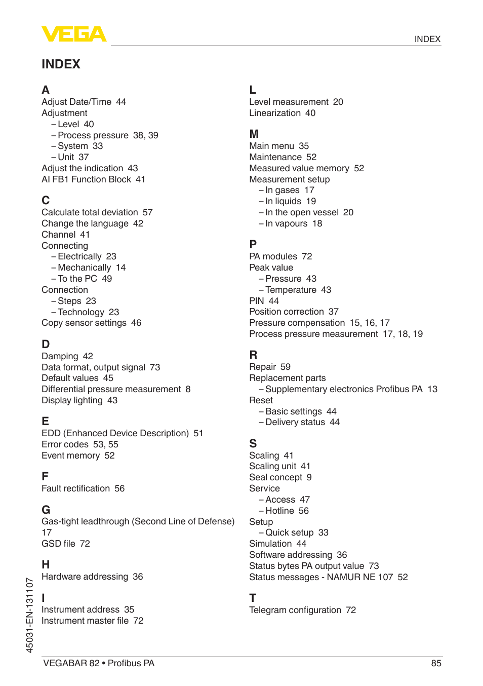 Index | VEGA VEGABAR 82 Profibus PA - Operating Instructions User Manual | Page 85 / 88