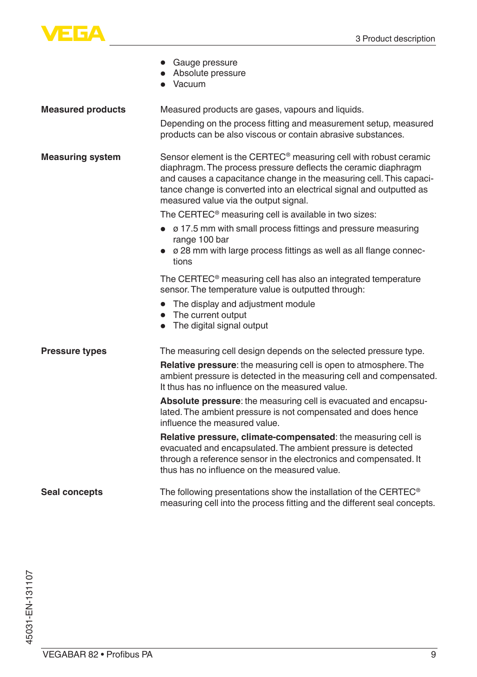 VEGA VEGABAR 82 Profibus PA - Operating Instructions User Manual | Page 9 / 88