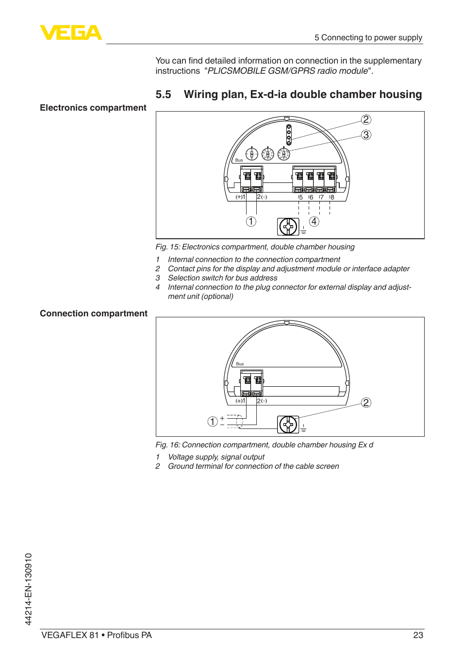 5 wiring plan, ex-d-ia double chamber housing, Electronics compartment connection compartment, 5 connecting to power supply | VEGA VEGAFLEX 81 Profibus PA Coax probe User Manual | Page 23 / 92