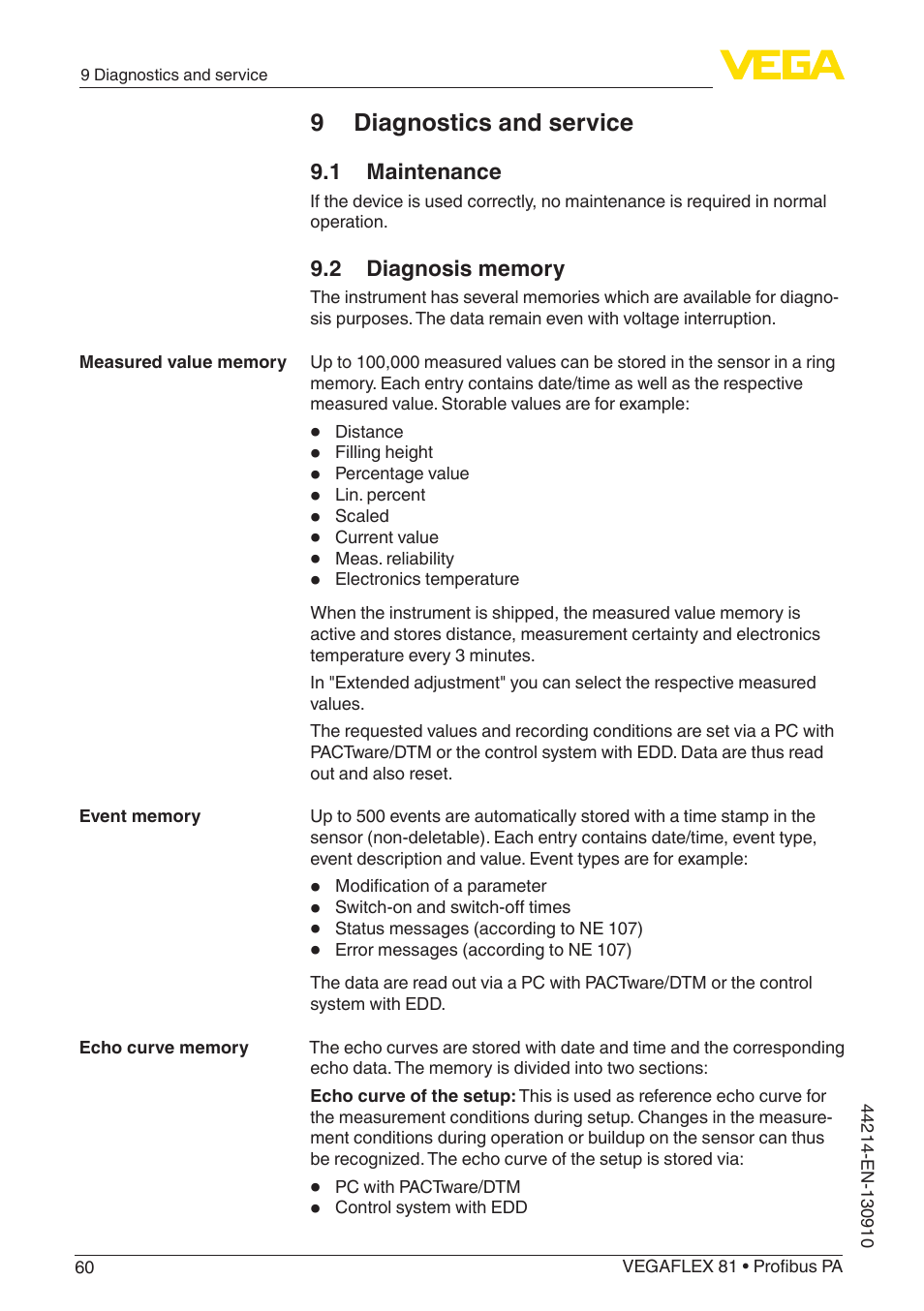 9 diagnostics and service, 1 maintenance, 2 diagnosis memory | VEGA VEGAFLEX 81 Profibus PA Coax probe User Manual | Page 60 / 92