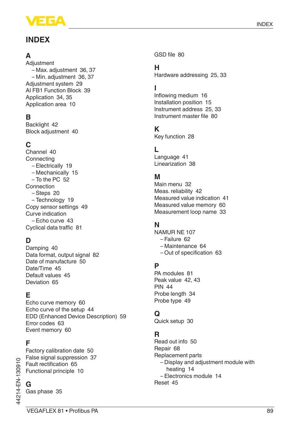 Index | VEGA VEGAFLEX 81 Profibus PA Coax probe User Manual | Page 89 / 92