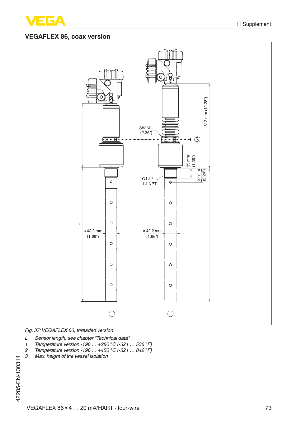 Vegaflex 86, coax version | VEGA VEGAFLEX 86 4 … 20 mA_HART - four-wire Coax probe User Manual | Page 73 / 80