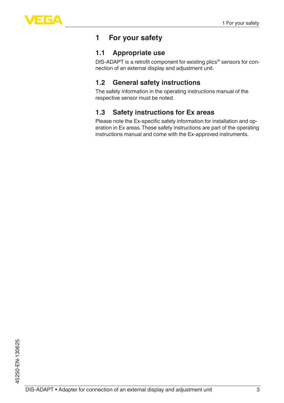 1 for your safety, 1 appropriate use, 2 general safety instructions | 3 safety instructions for ex areas | VEGA DIS-ADAPT User Manual | Page 3 / 12