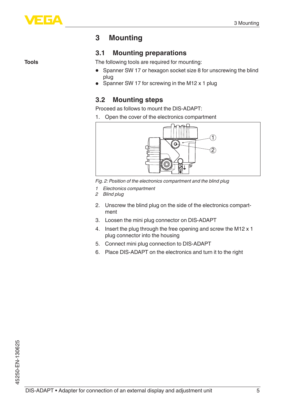 3 mounting, 1 mounting preparations, 2 mounting steps | VEGA DIS-ADAPT User Manual | Page 5 / 12