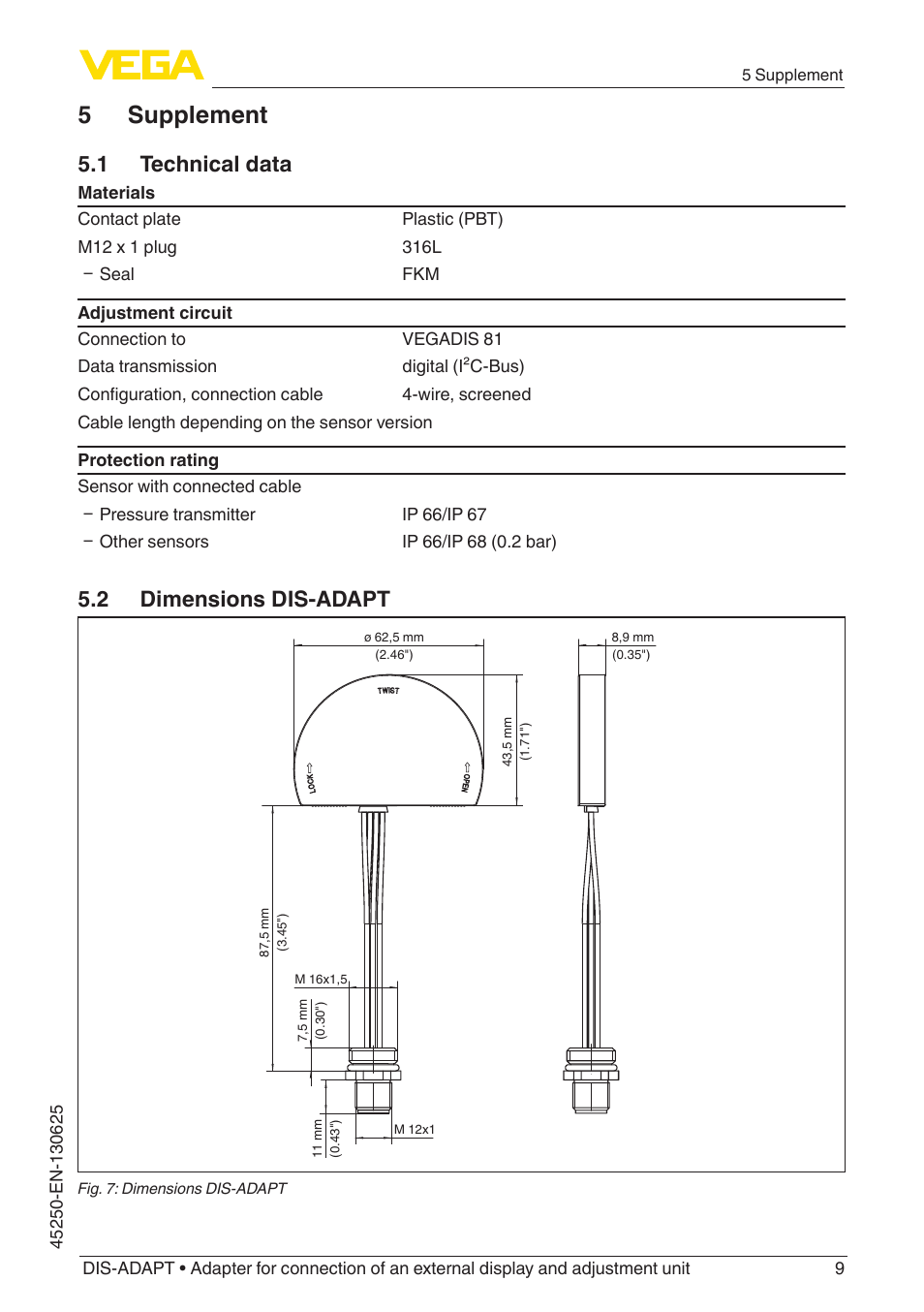 5 supplement, 1 technical data, 2 dimensions dis-adapt | VEGA DIS-ADAPT User Manual | Page 9 / 12