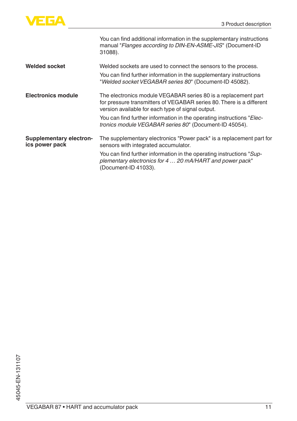 VEGA VEGABAR 87 HART and accumulator pack - Operating Instructions User Manual | Page 11 / 64