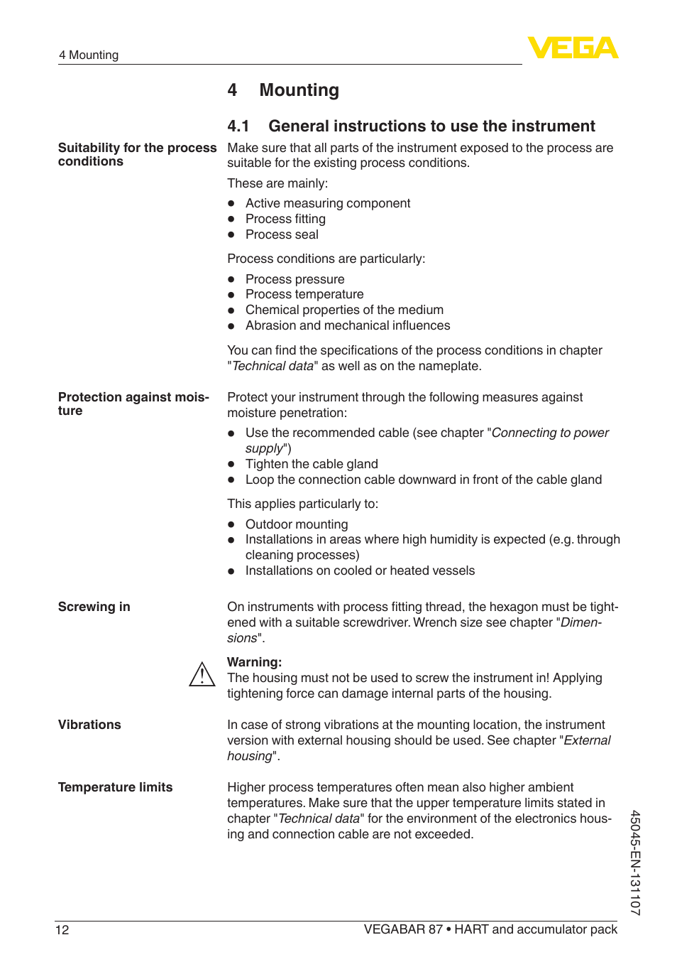 4 mounting, 1 general instructions to use the instrument | VEGA VEGABAR 87 HART and accumulator pack - Operating Instructions User Manual | Page 12 / 64