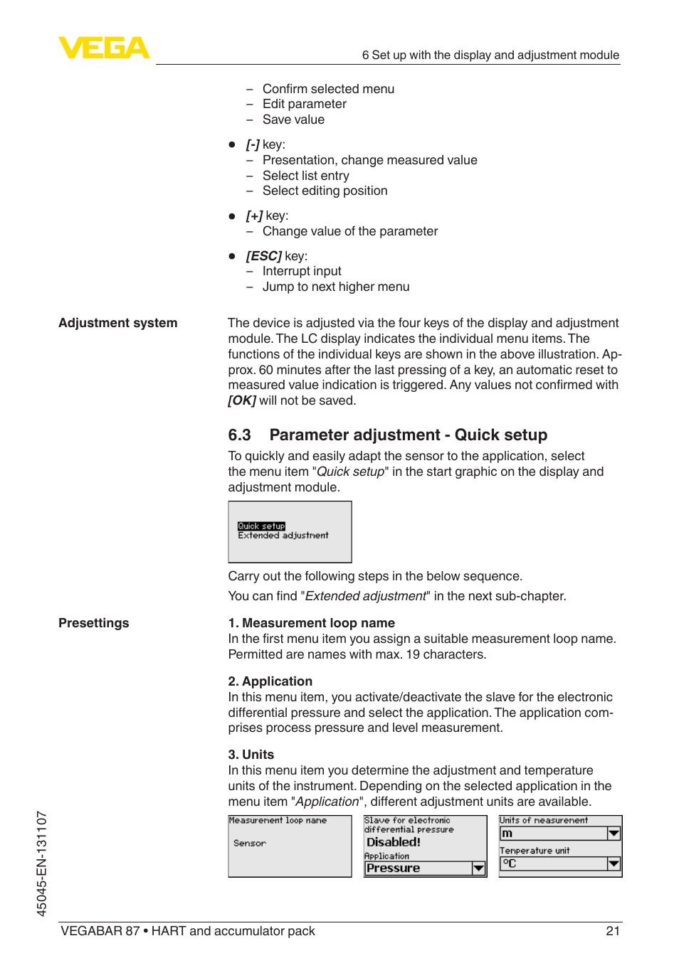 3 parameter adjustment - quick setup | VEGA VEGABAR 87 HART and accumulator pack - Operating Instructions User Manual | Page 21 / 64