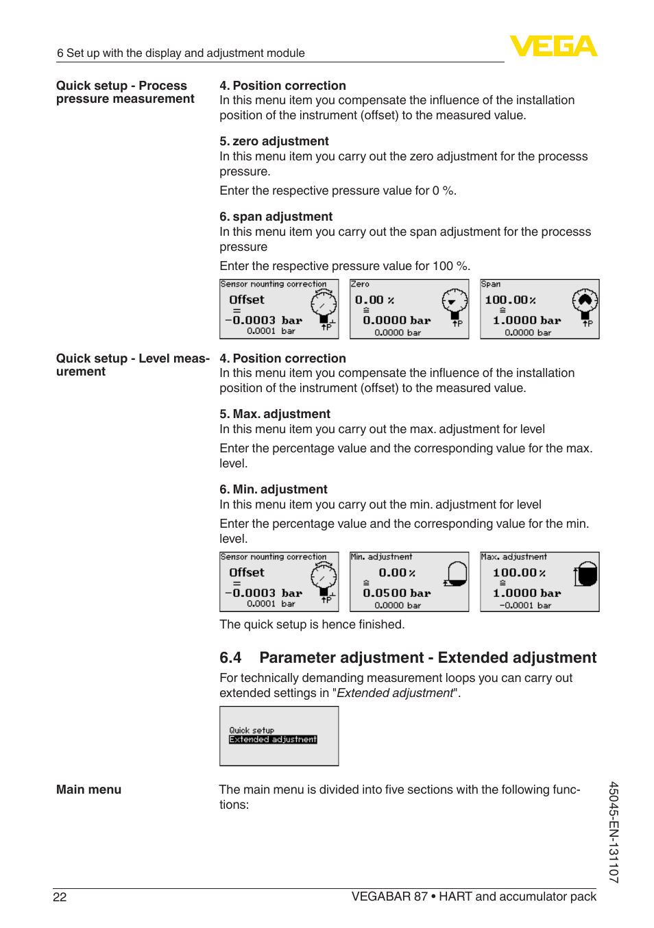 4 parameter adjustment - extended adjustment | VEGA VEGABAR 87 HART and accumulator pack - Operating Instructions User Manual | Page 22 / 64