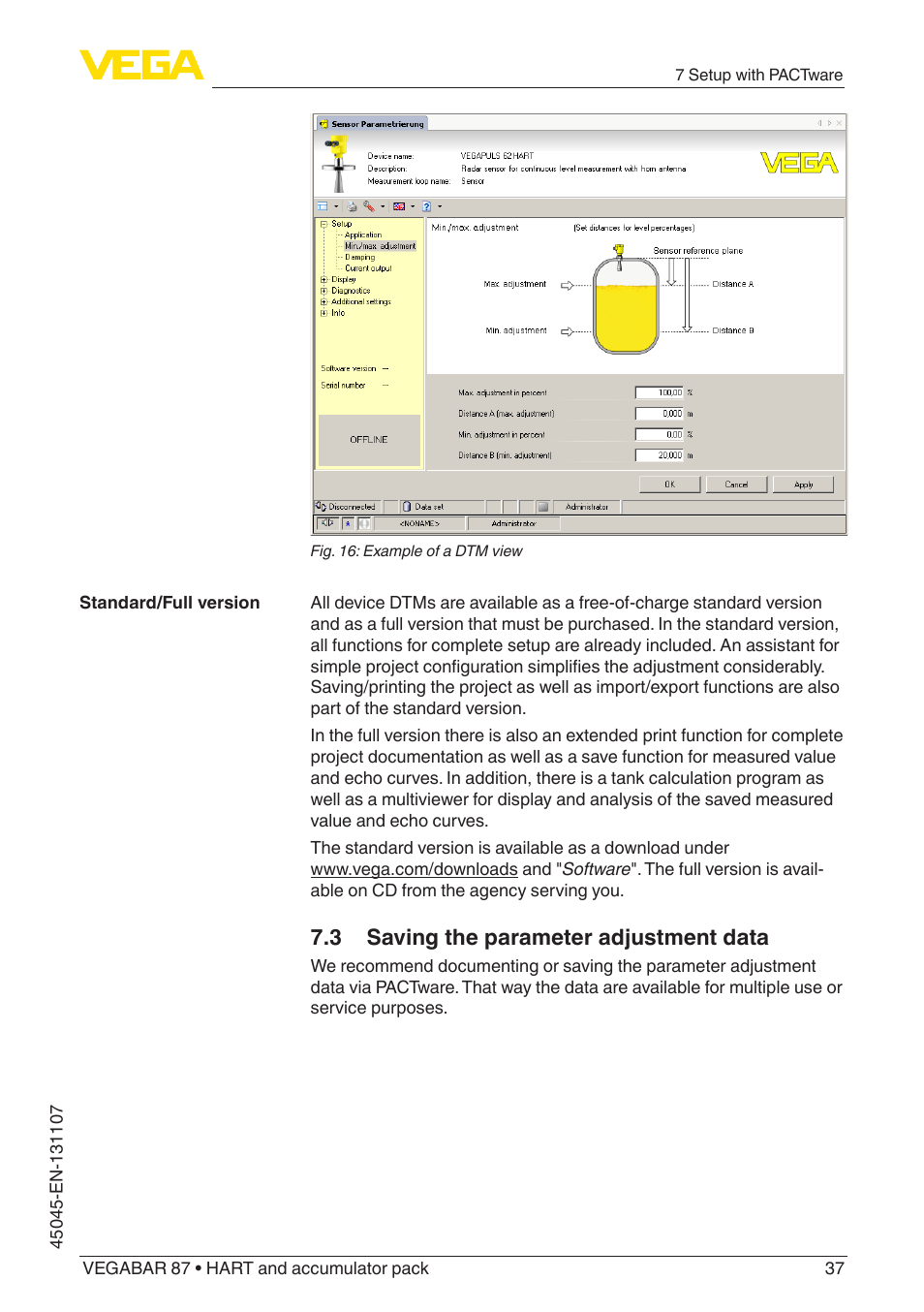 3 saving the parameter adjustment data | VEGA VEGABAR 87 HART and accumulator pack - Operating Instructions User Manual | Page 37 / 64