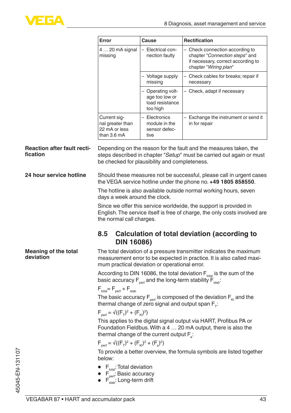 VEGA VEGABAR 87 HART and accumulator pack - Operating Instructions User Manual | Page 43 / 64