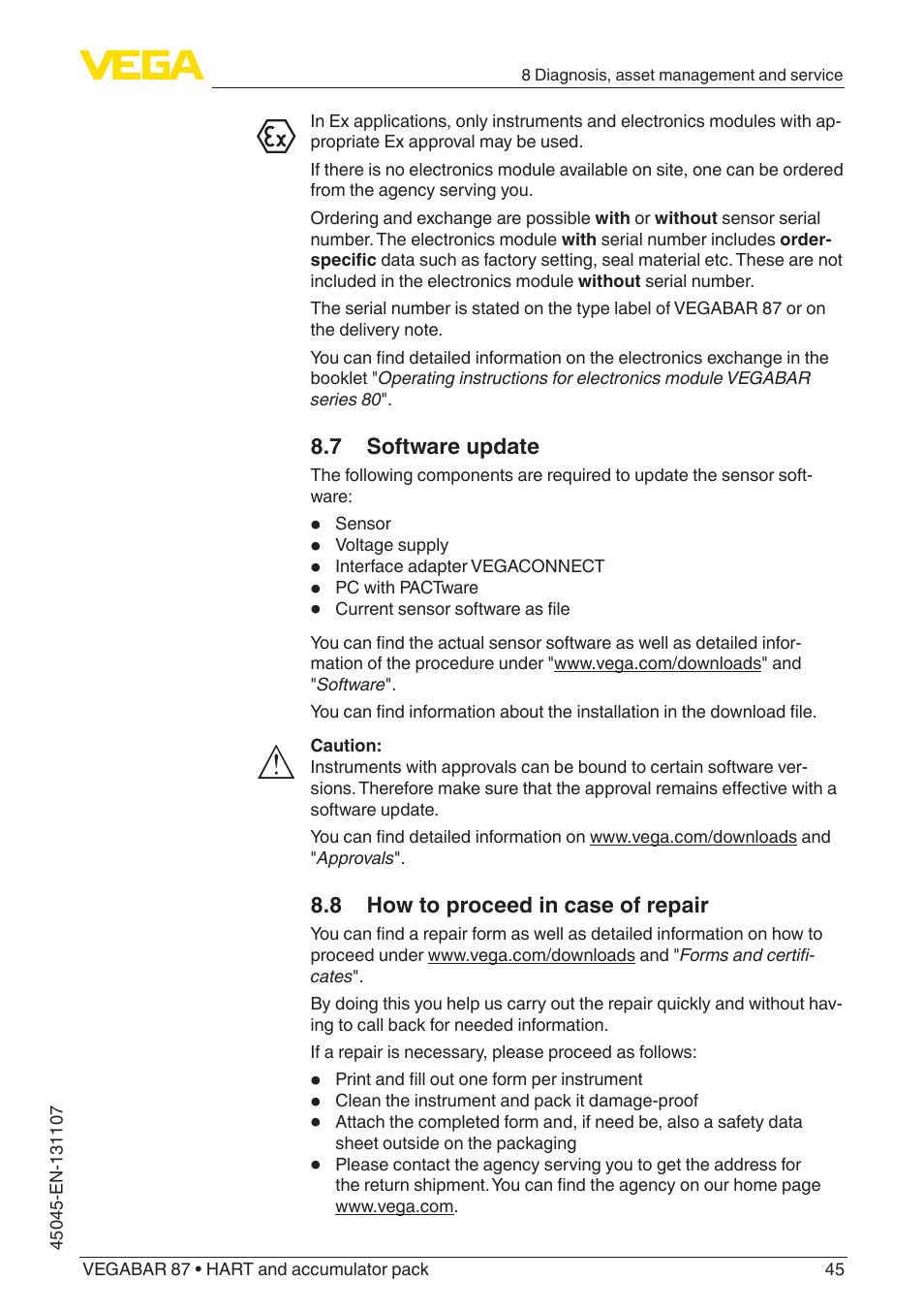 7 software update, 8 how to proceed in case of repair | VEGA VEGABAR 87 HART and accumulator pack - Operating Instructions User Manual | Page 45 / 64