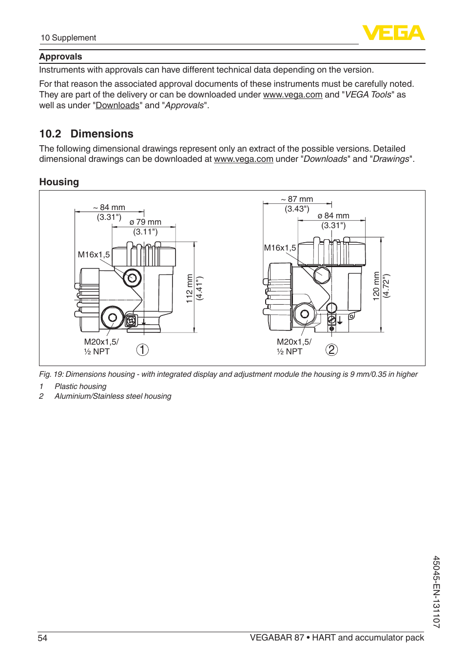 2 dimensions | VEGA VEGABAR 87 HART and accumulator pack - Operating Instructions User Manual | Page 54 / 64