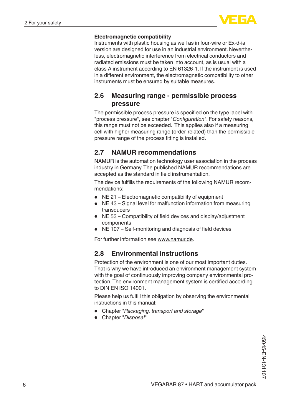 6 measuring range - permissible process pressure, 7 namur recommendations, 8 environmental instructions | VEGA VEGABAR 87 HART and accumulator pack - Operating Instructions User Manual | Page 6 / 64