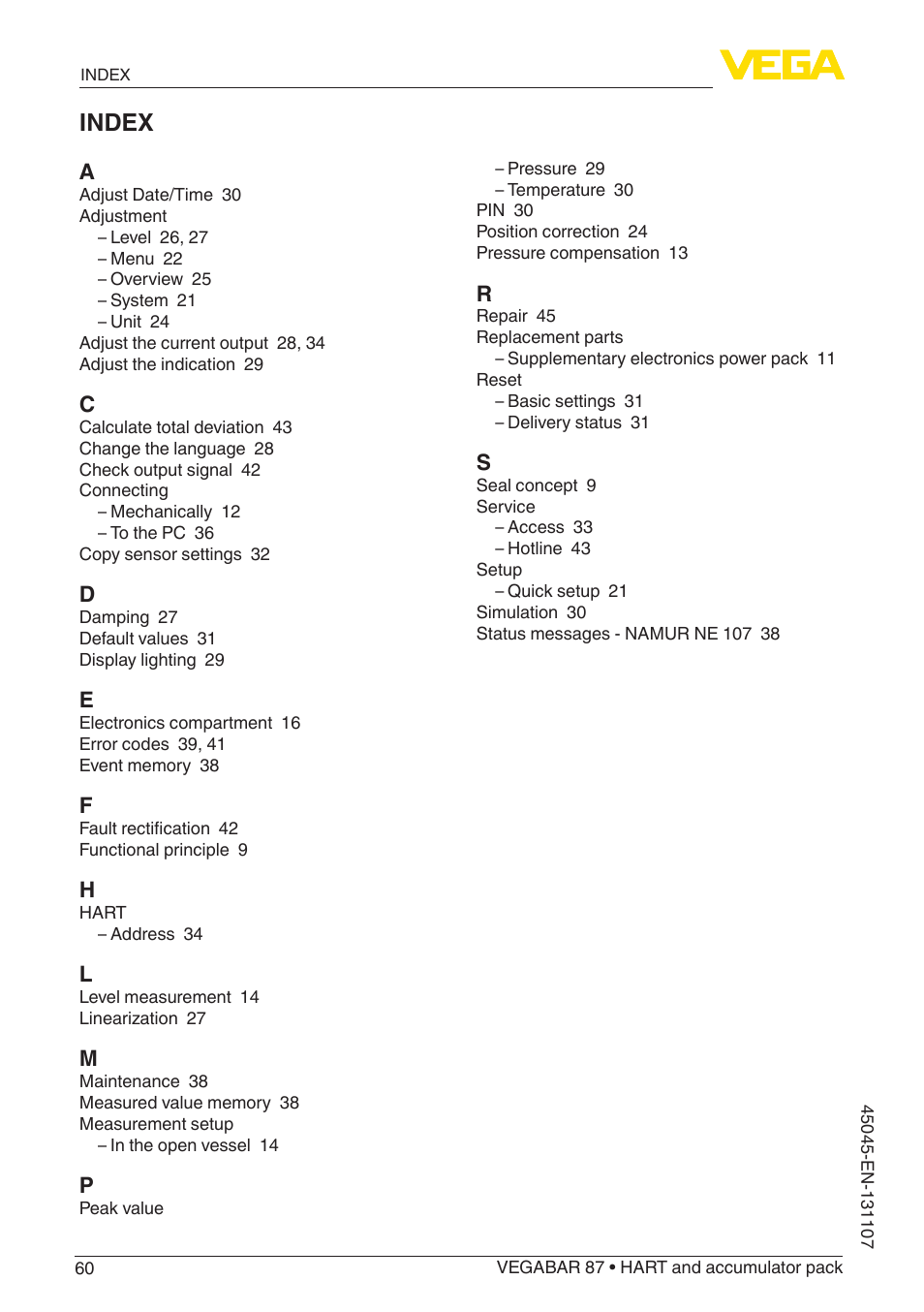 Index | VEGA VEGABAR 87 HART and accumulator pack - Operating Instructions User Manual | Page 60 / 64