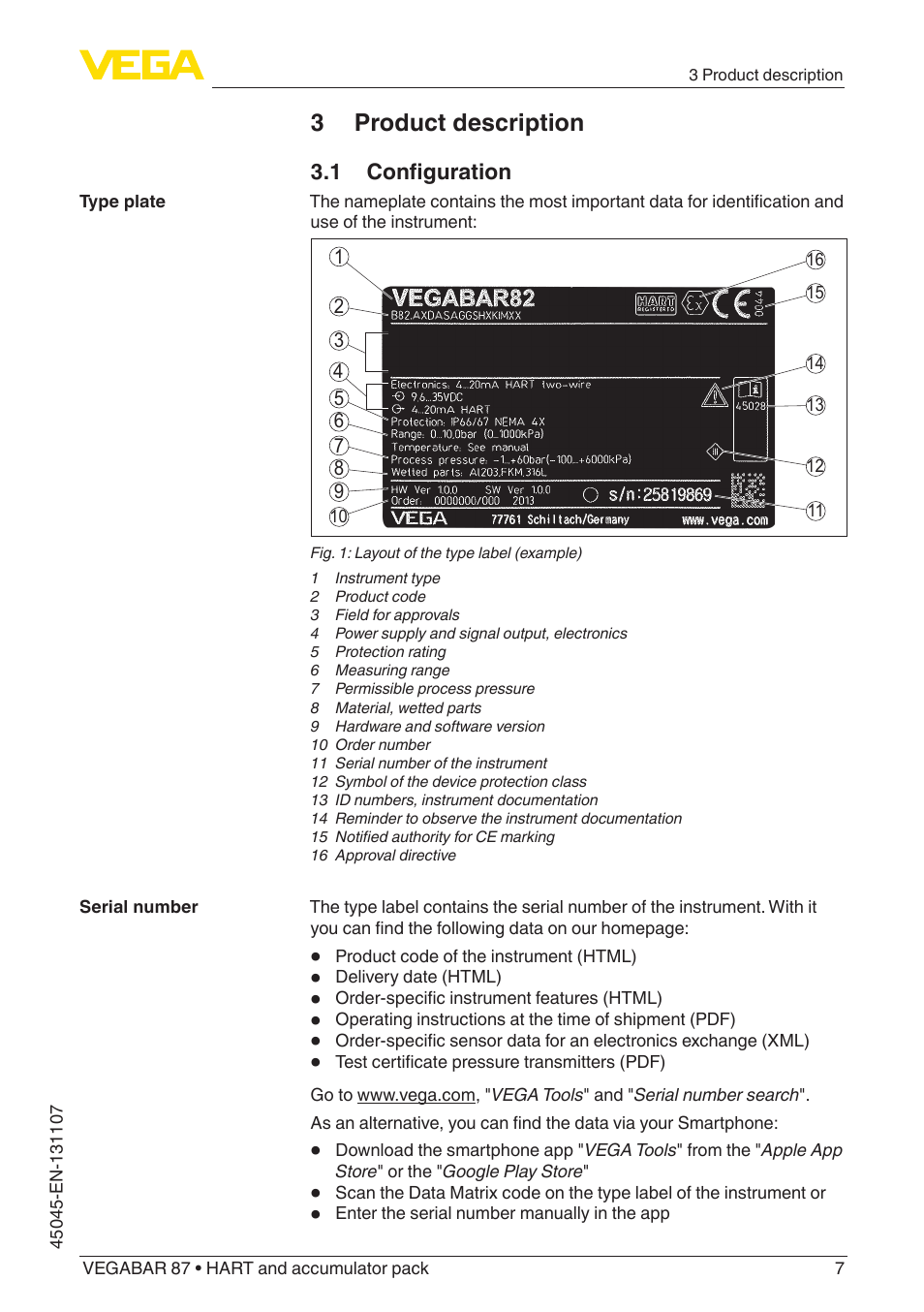 3 product description, 1 configuration | VEGA VEGABAR 87 HART and accumulator pack - Operating Instructions User Manual | Page 7 / 64