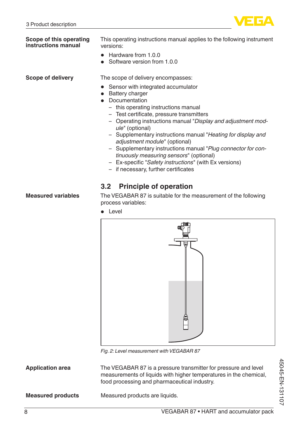 2 principle of operation | VEGA VEGABAR 87 HART and accumulator pack - Operating Instructions User Manual | Page 8 / 64