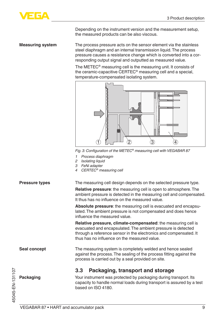 3 packaging, transport and storage | VEGA VEGABAR 87 HART and accumulator pack - Operating Instructions User Manual | Page 9 / 64