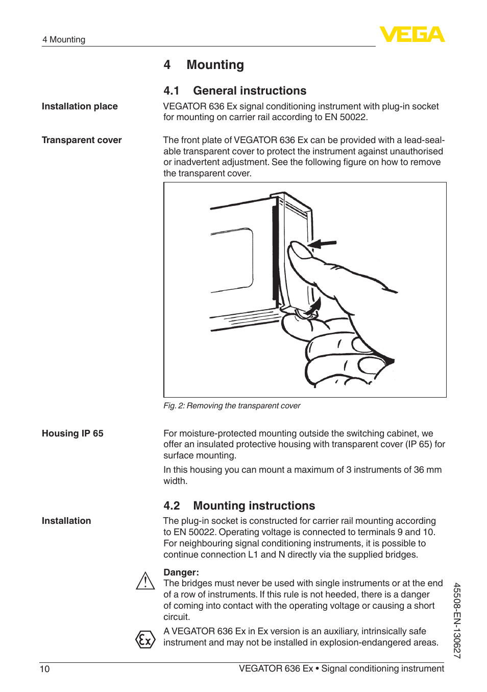 4 mounting, 1 general instructions, 2 mounting instructions | VEGA VEGATOR 636 Ex User Manual | Page 10 / 28